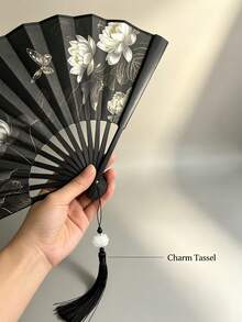 1pc Chinese Style Lotus Butterfly Print Folding Hand Fan With Tassel Pendant, Retro Portable Handheld Fan For Hanfu Qipao Cosplay Photography Summer Decor Gift - Double-sided Ink Lotus - View 5