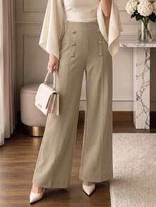 Women's Khaki High Waist Double Row Metal Button Wide Leg Suit Pants, Commuter Business Elegant Pants - Khaki - View 3