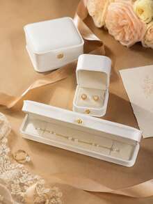 1pc Elegant Cream Jewelry Gift Box, Ring Earring Necklace Bracelet Storage Display Box, Gold Button Closure, Luxury Wedding Engagement Proposal Gift Packaging Box - White - View 6