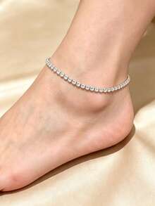 1pc Minimalist Sparkling Rhinestone Anklet, Women's Fashion Versatile Daily Wear Accessory, Suitable For Summer Beach Vacation Style - Silver - View 1