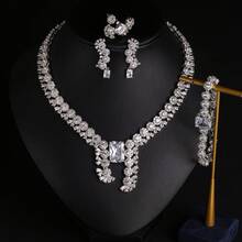 4 piezas/1 set Conjunto de joyería de moda para mujer, aretes, collar, pulsera, anillo, combinación de joyería, diseño único con incrustaciones de circonita, adecuado para uso en vacaciones | fiestas | banquetes, regalo - Conjunto de joyas - Ver 5