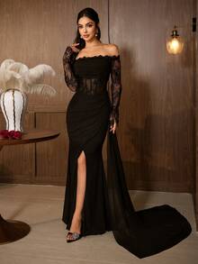 Elegant Black Long Sleeve Off-Shoulder Evening Gown With Contrast Lace And Slit Hem - Black - View 6