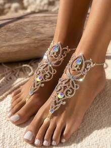 Bohemian Rhinestone Barefoot Ankle Chain, AB Crystal Hollow Foot Chain, Gold Hollow Wedding Beach Foot Jewelry, Women's Summer Vacation Style - Multicolor - View 2