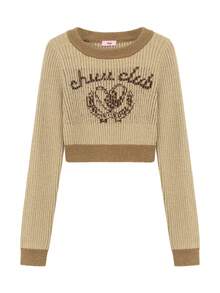 CHUU Letter Jacquard Contrast Color Knit Sweater Women Autumn Slim Fit Long Sleeve Base Layer Short Sweater - Khaki - View 9