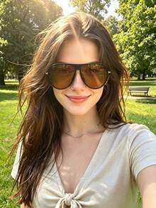 1pc European & American Style Oversized Frog-Shaped Glasses, Versatile Fashionable Eyewear For Women - Black Frame Tea Leaves - View 1