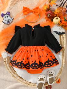 Baby Girl Halloween Theme Pumpkin Head & Star Print Ruffle Bow Long Sleeve Triangle Bodysuit Dress, Autumn - Multicolor - View 2