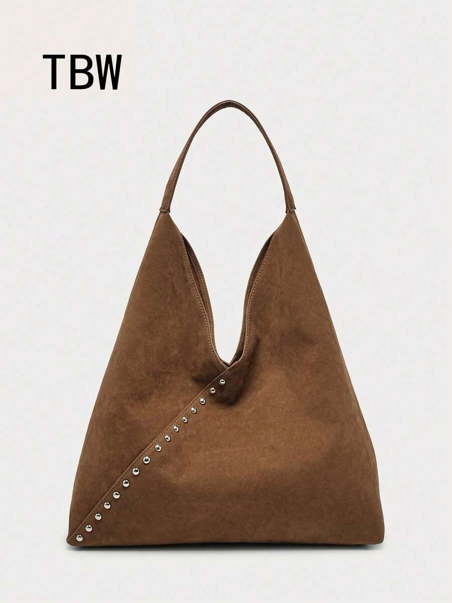 Women's Shoulder Bag/Handbag, Brown Suede, Large Capacity, Decorated With Rivets, Vintage Versatile Commuter Style, Suitable For Autumn/Winter Outings. - Brown - View 1