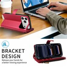 Flip Protective Case Compatible With Apple 18/17 ProMax/16/15/14/13/12/11 Pro Wallet Phone Shell Card Holder Wrist Strap Zipper Pocket Coin Storage Phone Protective Cover - Red - View 4
