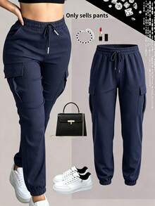 Spring/Autumn New Plus Size Women's Fashionable Versatile Solid Color Minimalist Pocket Elastic Waist Drawstring Cargo Pants, Lightweight Polyester Micro-Stretch Soft Fabric - Navy Blue - View 4