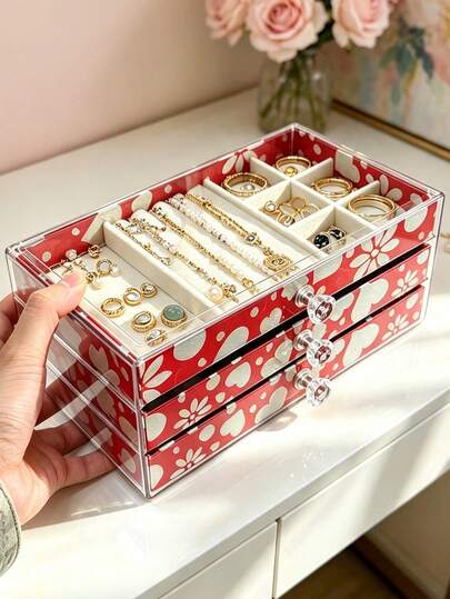 1 pieza Caja de joyas de acrílico y terciopelo de 3 capas, caja de almacenamiento de joyas con cajones, caja de exhibición de joyas multifuncional, adecuada para aretes, collares, anillos, relojes, pulseras, lápices labiales y talla grande