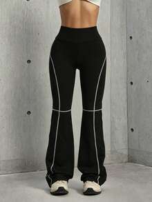 Hidkat Women's Fashion Solid Color High Waist Casual Yoga Sports Knit Flare Pants - Black - View 4