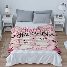 1pc Pink Happy Halloween Flannel Throw Blanket, Cute Bow Ghost Pumpkin Bat Spider Web Pattern, Soft Polyester Material, Suitable For Sofa, Bedroom And Holiday Home Decor Pastel Style Kawaii Halloween Blanket, Size 50*60in - Multicolor - View 11