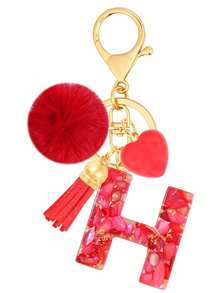 Cute Initial Red Heart Gold Foil Stone Tassel Pom Pom Keychain Resin Drip Glue Minimalist Personalized Key Chain For Women Bags Daily Wear And Gift - Red - View 20