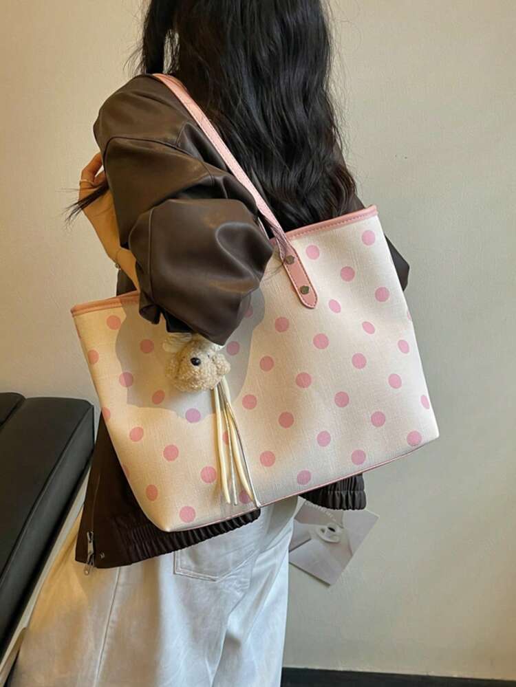 時尚簡約千鳥格大容量女款單肩托特包，百搭優雅腋下購物通勤包 - 粉色 - 查看 8