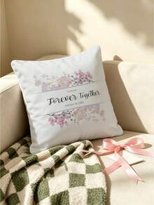 1pc Pink Floral Graphic Customized Pillowcase, Personalized Name & Date Handwritten Font Print Cushion Cover, Couple Keepsake Love Gift Pillowcase, Home Decor Bed Headboard Sofa Square Pillowcase, Pillow Insert Not Included - Multicolor - View 4