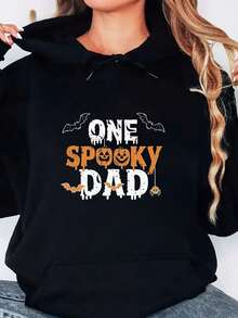 Women's Ghost Print Hooded Sweatshirt,Long Sleeve With Drawstring Design,Casual Style. - 黑色 - 查看 7