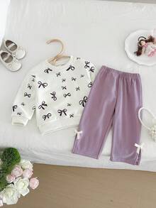 Miniweenns 2pcs/Set Baby Girl Spring/Autumn Outdoor Casual Bowknot Print Long Sleeve Loose Sweatshirt Set Back To School - Multicolor - View 2