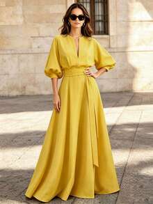Solid Color Printed Belt Decor V-Neck Puff Sleeve A-Line Maxi Dress Yellow Elegant Summer - Yellow - View 2