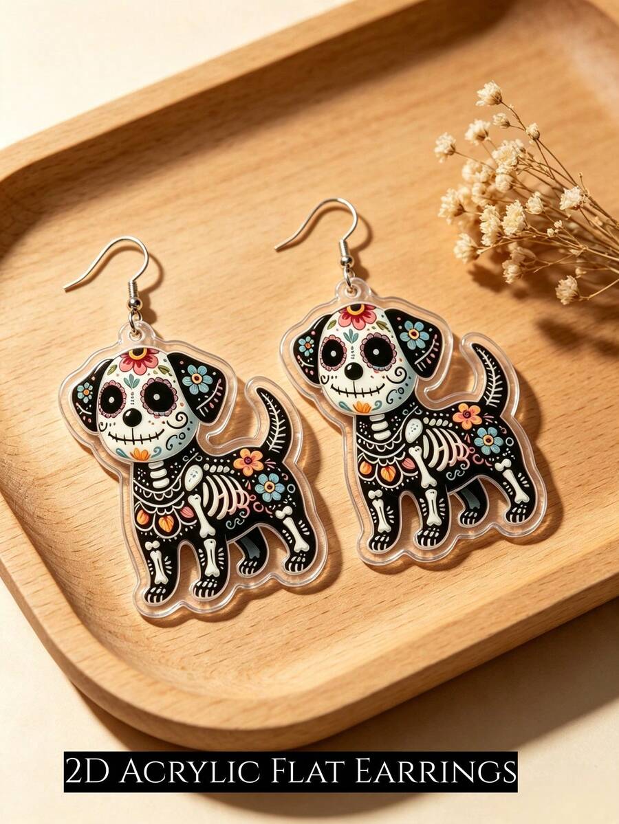 2D Flat Cute Skeleton Puppy Pendant Earrings, Gothic Floral Dog, Halloween Accessory, Mexican Day Of The Dead Earrings