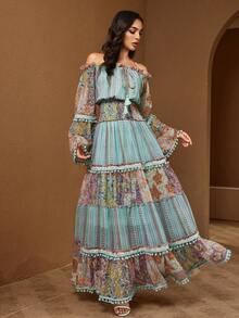 Women's Bohemian Style Printed Dress, Off-Shoulder Long Sleeve, Ruffle Trim, Elegant Elegant - Multicolor - View 3