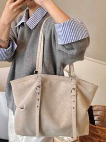 Large Capacity Tote Bag, Retro Style Faux Leather Handbag With Front Pocket For Work & Travel - Beige - View 9