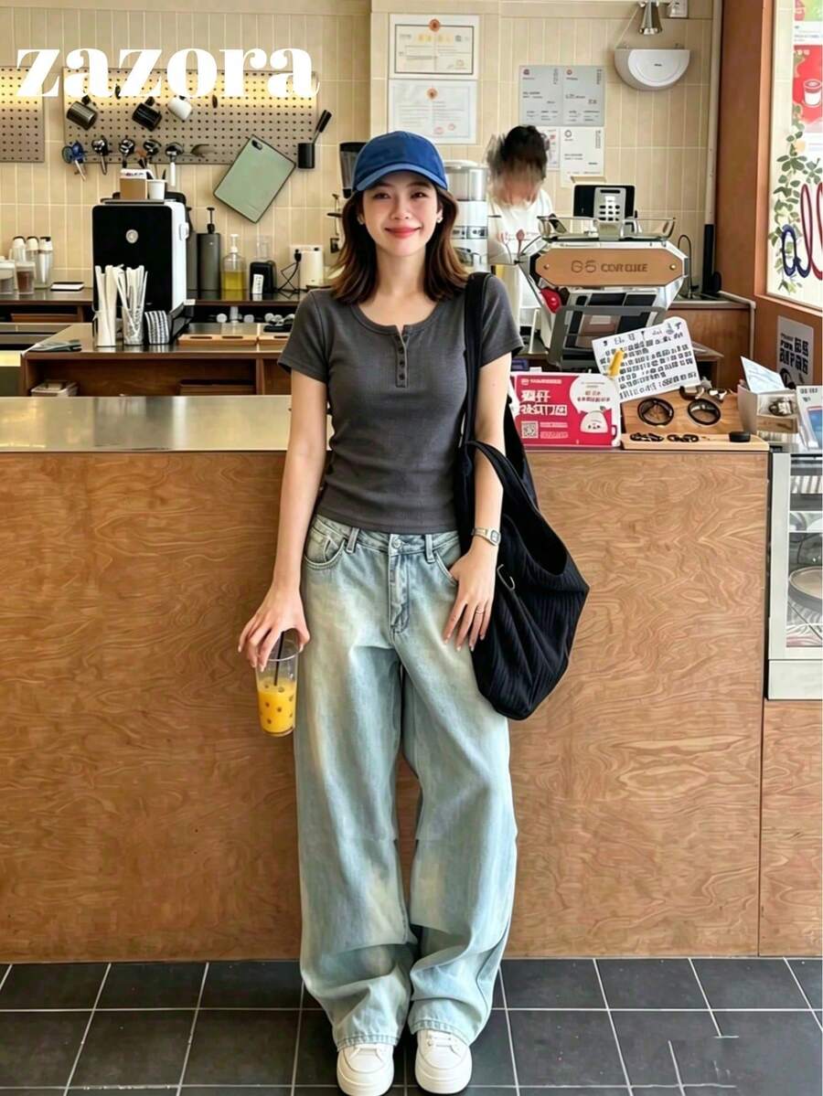 Women's Solid Color Regular Shoulder Short Sleeve T-Shirt, Round Neck Slim Fit Flattering Elastic Top, Thin Summer Versatile All-Match T-Shirt Casual - Dark Grey - View 1