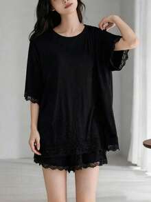 2pcs/Set Women's Pajamas Homewear Set, Lace Patchwork Solid Color Short Sleeve Shorts, Comfortable For Home, Easy Care Fabric - Black - View 5