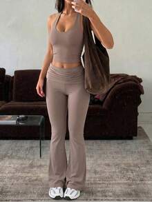 NOIRLYN Women's Autumn Casual Sports 2 Pieces Set, Sexy Halter Neck Thick Padded Cropped Tank Top With Layered High Waist Flare Straight Leg Summer - Brown - View 3