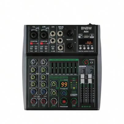 The AK Series Professional 4-Channel Mixing Console Features Built-In Bluetooth, USB Audio Interface And MP3 Recording Function, Making It Ideal For Outdoor Performances, Live Broadcasts, School Events And Weddings.