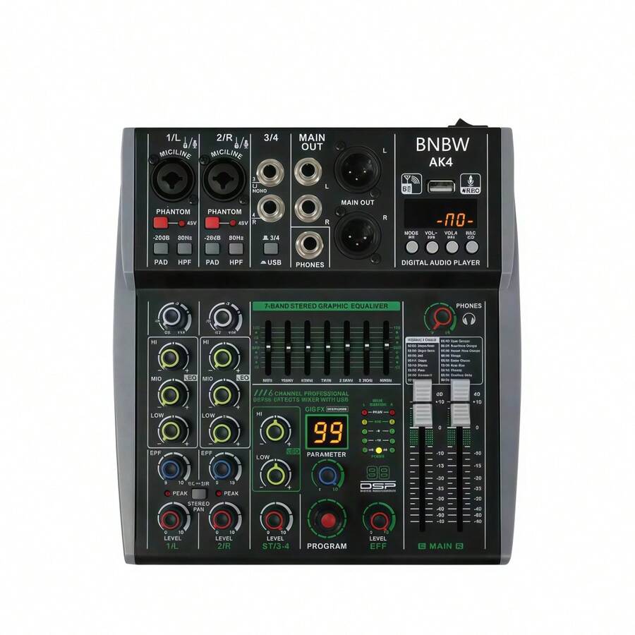 The AK Series Professional 4-Channel Mixing Console Features Built-In Bluetooth, USB Audio Interface And MP3 Recording Function, Making It Ideal For Outdoor Performances, Live Broadcasts, School Events And Weddings.