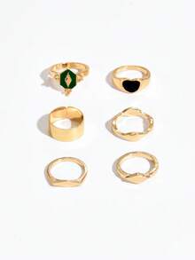 6pcs Emerald Green Heart Geometric Metallic Stackable Rings For Women - Golden C - View 3
