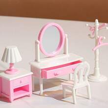 Set Model Furnitur Kamar Tidur Mini Warna Pink & Putih, Termasuk Tempat Tidur Mini, Meja Rias dengan Cermin, Gantungan Baju, Kursi, Meja Nakas, Lampu Meja, Cermin Panjang, Koleksi Hiasan Dekoratif Tampilan Pemandangan Lanskap 3D - MultiWarna - View 7