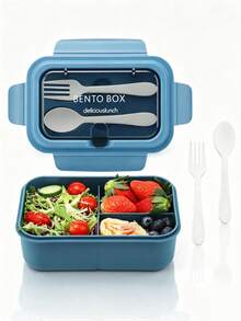 1pc Plastic Divided Bento Lunch Box, Student Lunch Box, Adult Bento Lunch Box, Leak-Proof Lunch Box With Utensils, 3-Compartment Bento Box Microwave , Back To School Essential, Portable Fruit And Food Container, Microwave Lunch Box, Home Kitchen Supplies, Suitable For Teenagers And Office Workers To Use In School, Classroom, Cafeteria, Back To School Season - Multicolor - View 2