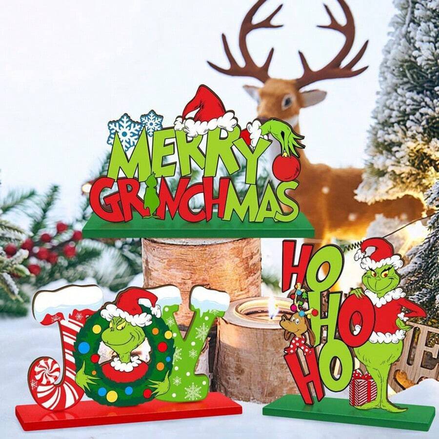 The Grinch 4/3pcs Christmas Table Decor Signs, Merry Christmas Decorative Signs, Christmas Tree Hanging Ornaments, Suitable For Christmas, Halloween, Birthday Party, Holiday Decoration And Photo Props, Gifts For Family And Adults - Multicolor - View 1