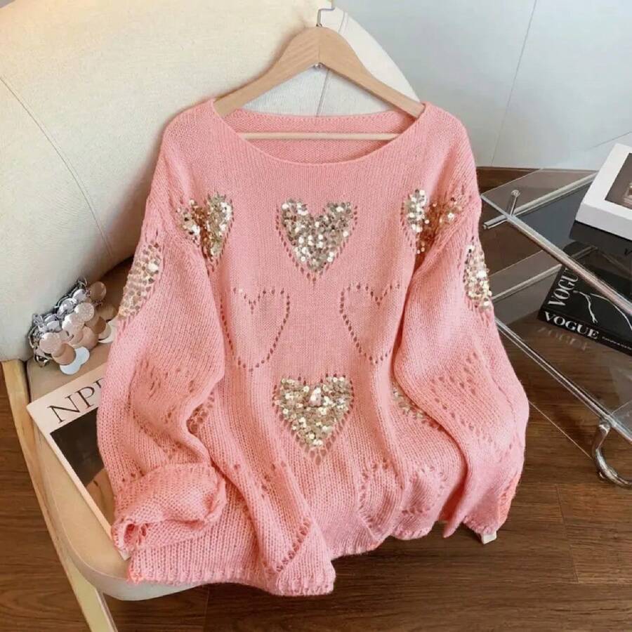 French Style Heart Hollow Sequin Pullover Long Sleeve Knit Sweater Women Loose Fit Premium Feel Top - Watermelon Pink - View 1