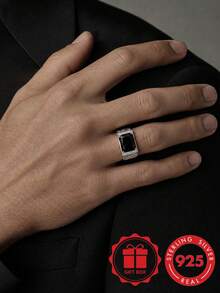 925 Sterling Silver Fashion Exquisite Wide Band Men's Ring, Hollow Inlaid With Synthetic Cubic Zirconia, High-End Textured Design, Suitable For Daily Wear, Vacation, Banquet, Perfect Life Surprise Gift - Silver - View 9