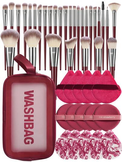46Pcs/3pcs Wine Red All In One Makeup Tool Kit Makeup Brushes Cosmetic Sponges Triangle Powder Puffs Round Powder Puffs Cosmetic Storage Bag Professional Makeup Supplies For Starters And Makeup Lovers