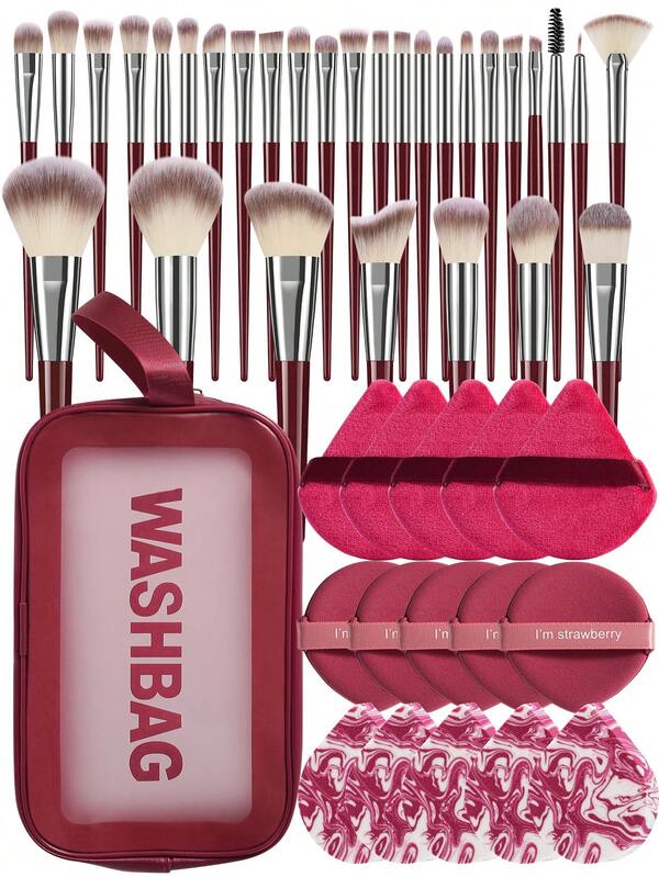 46Pcs/3pcs Wine Red All In One Makeup Tool Kit Makeup Brushes Cosmetic Sponges Triangle Powder Puffs Round Powder Puffs Cosmetic Storage Bag Professional Makeup Supplies For Starters And Makeup Lovers