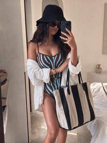 HOTTIE HABIT Blue & Brown Zebra Print Bandeau One-Piece Swimsuit, V-Neck Front, Slim Fit High Cut One-Shoulder Swimwear, Vintage Animal Print Swimsuit, Suitable For Beach, Pool, Vacation - Multicolor - View 2