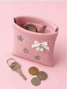 Cute Star Bow‑Pearl Decor Self-Closing Wallet Passport Document Holder Data Cash Storage Bag Cosmetic Bag Vacation Travel Essentials Accessories - Multicolor - View 10