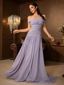 Gaun Formal Panjang Lipit Berpayet Warna Blok Bahu Terbuka Elegan untuk Wanita, Gaun Pesta 2-in-1 yang Menawan dengan Hem Mengembang - Mauve Purple - View 6