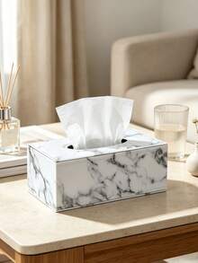White Marble Pattern Tissue Box Holder, PU Leather With White Stitching, Bathroom Storage, Bathroom Decor, Autumn Decor, Back To School, New Home, Living Room, Kitchen, Napkin Holder - White Marble - View 4