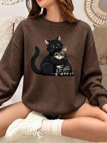 Plus Size Women's Cute Cat Print, Unique Casual Long Sleeve Sweater, Suitable For Autumn/Winter Daily Wear, Perfect Gift For Pet Lovers - Coffee Brown - View 2