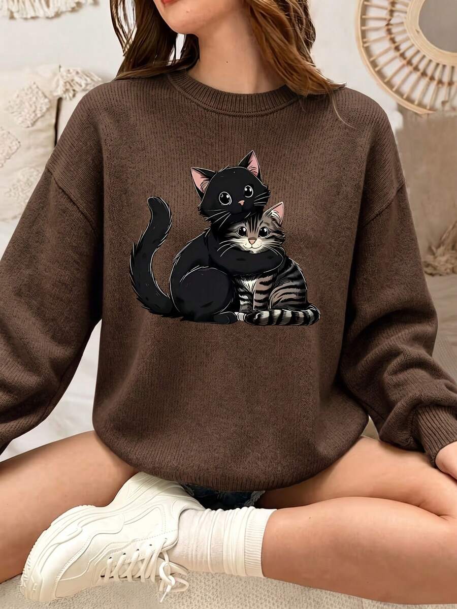 Plus Size Women's Cute Cat Print, Unique Casual Long Sleeve Sweater, Suitable For Autumn/Winter Daily Wear, Perfect Gift For Pet Lovers