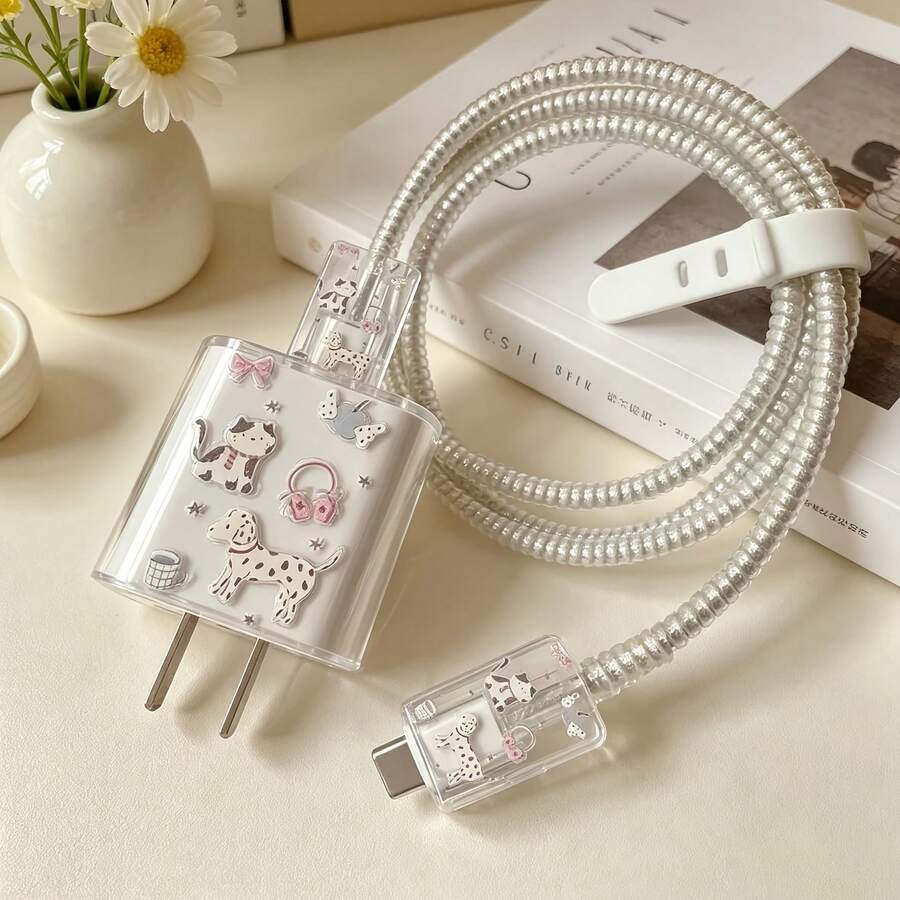 5pcs Cute Cat & Dog Design Charger And Cable Protector Set, Durable Apple 18-20W Charging Cable Protective Case, Anti-Breakage Cable Organizer - Multicolor - View 1