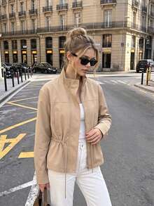 Chaqueta con cordón para mujer, elegante, unicolor, con cuello alto y manga larga, abrigo casual de calle para mujer - Caqui - Ver 7