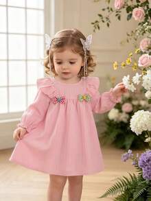Autumn/Winter Minimalist Sweet Style A-Line Ruffle Bow Long Sleeve Dress For Toddler Girls, Suitable For Garden And Family Gatherings - Pink - View 1