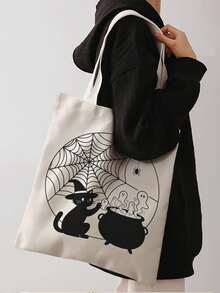 1pc Halloween Spider Web Print Canvas Tote Bag, Large Capacity Hand‑Held Shoulder Bag, Reusable Shopping Bag For Halloween Party Daily Commute - Beige - View 5