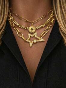 Kalung Liontin Kompas Pentagram Emas 3 Buah/2 Buah dengan Huruf, Rantai Huruf Awal yang Elegan dan Indah, Set Rantai Huruf Mewah, Perhiasan Hadiah untuk Wanita - Emas - View 6