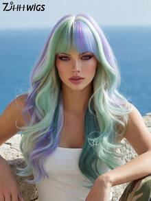 7JHH WIGS Hallowmas Green Purple & Blue Highlights Long Wave Curly Wigs For Women 26 Inch With Bangs, Synthetic Heat-Resistant Fiber Colorful Costume Wig For Cosplay Wear,Party Carnival Festivals Use - Multicolor - View 1